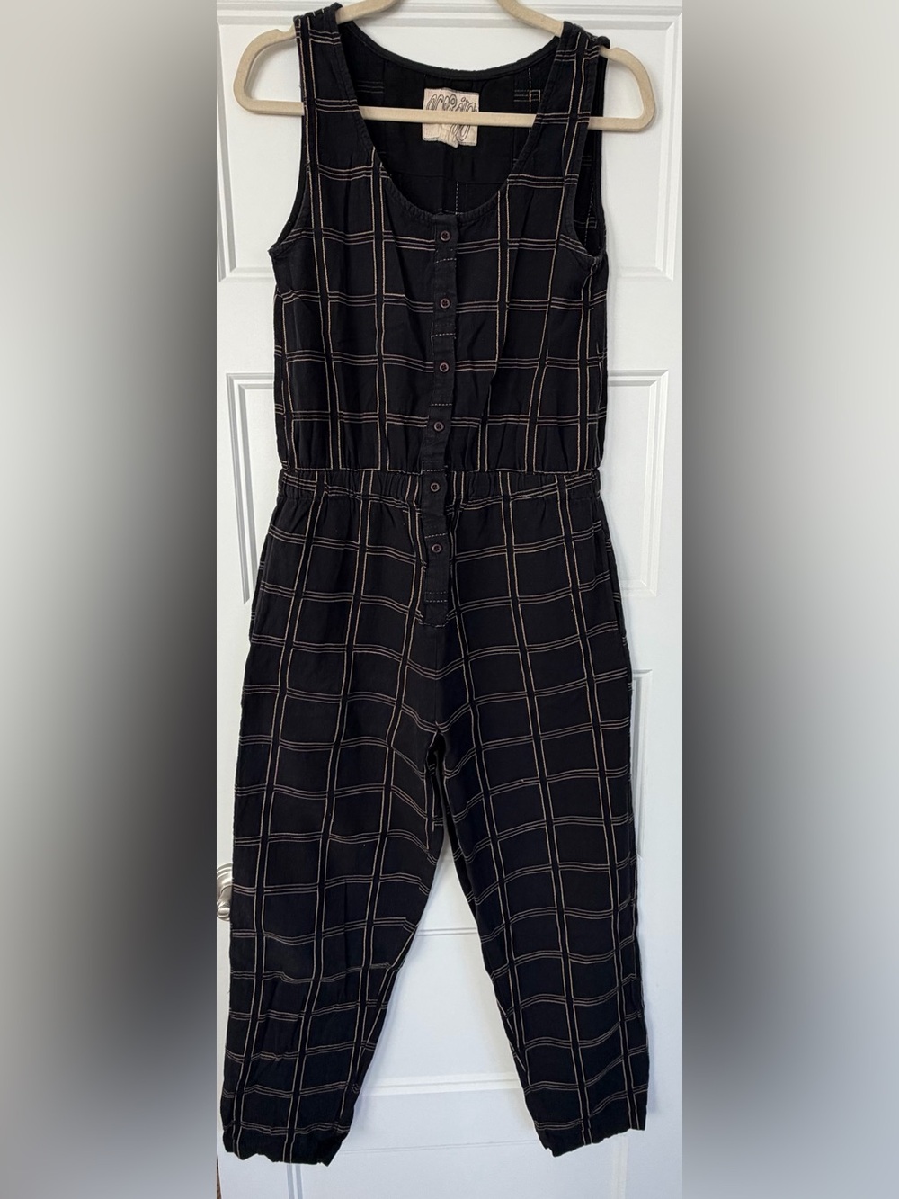 Ace & Jig Black Cream Grid Cotton Jumpsuit Size S Button Front